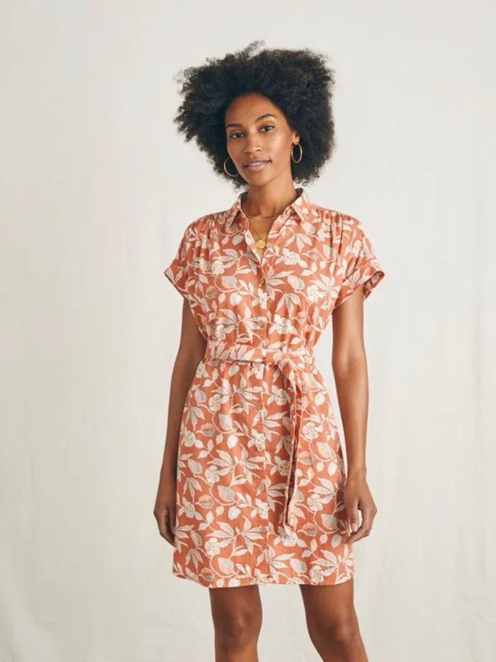 Faherty Women Linen Lyocell Floral Shirt Dress Small Coral Pink Short Sleeve Bel